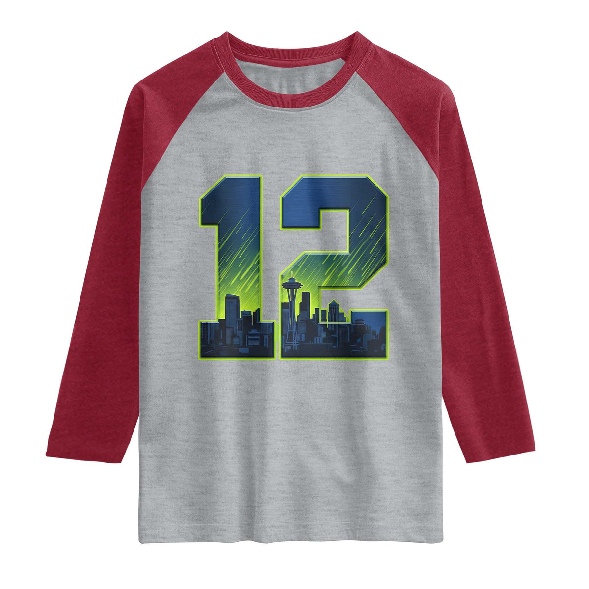 Seattle Skyline Number 12 Graphic Raglan Shirt Pacific Northwest Emerald City Sports Fan Pride