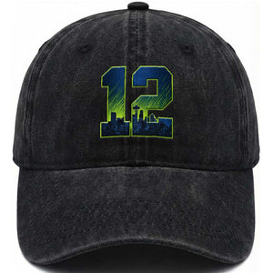 Seattle Skyline Number 12 Graphic Washed Cotton Baseball Cap Pacific Northwest Emerald City Sports Fan Pride