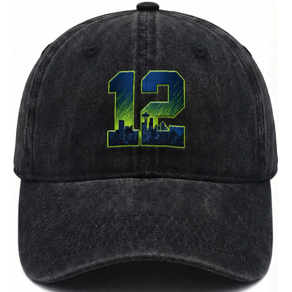 Seattle Skyline Number 12 Graphic Washed Cotton Baseball Cap Pacific Northwest Emerald City Sports Fan Pride TS02 Print Your Wear