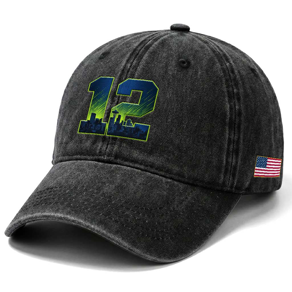 Seattle Skyline Number 12 Graphic Washed Cotton Baseball Cap Pacific Northwest Emerald City Sports Fan Pride