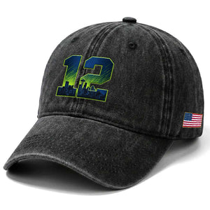 Seattle Skyline Number 12 Graphic Washed Cotton Baseball Cap Pacific Northwest Emerald City Sports Fan Pride