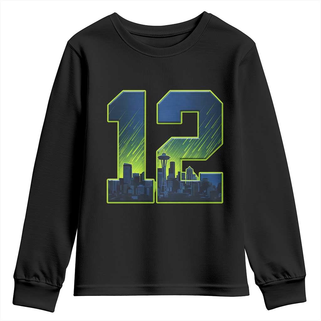 Seattle Skyline Number 12 Graphic Youth Sweatshirt Pacific Northwest Emerald City Sports Fan Pride TS02 Black Print Your Wear