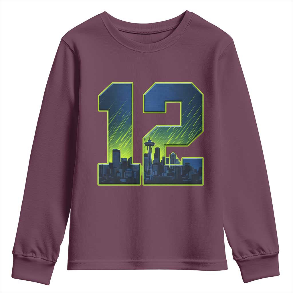 Seattle Skyline Number 12 Graphic Youth Sweatshirt Pacific Northwest Emerald City Sports Fan Pride