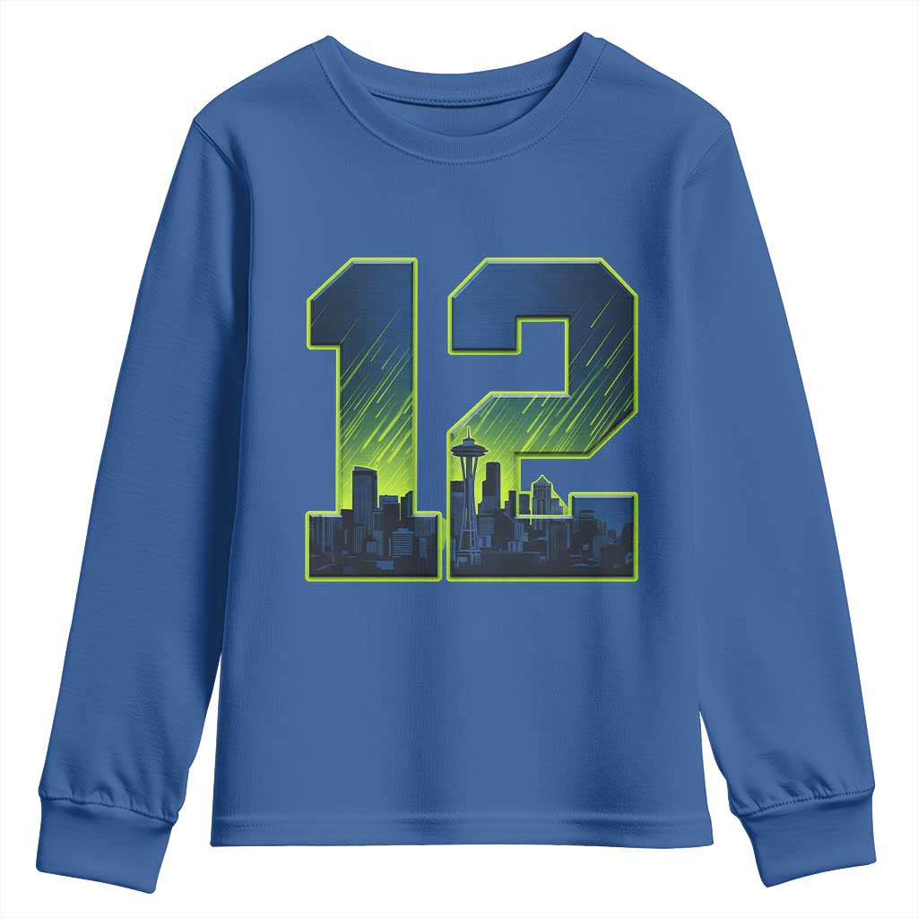 Seattle Skyline Number 12 Graphic Youth Sweatshirt Pacific Northwest Emerald City Sports Fan Pride