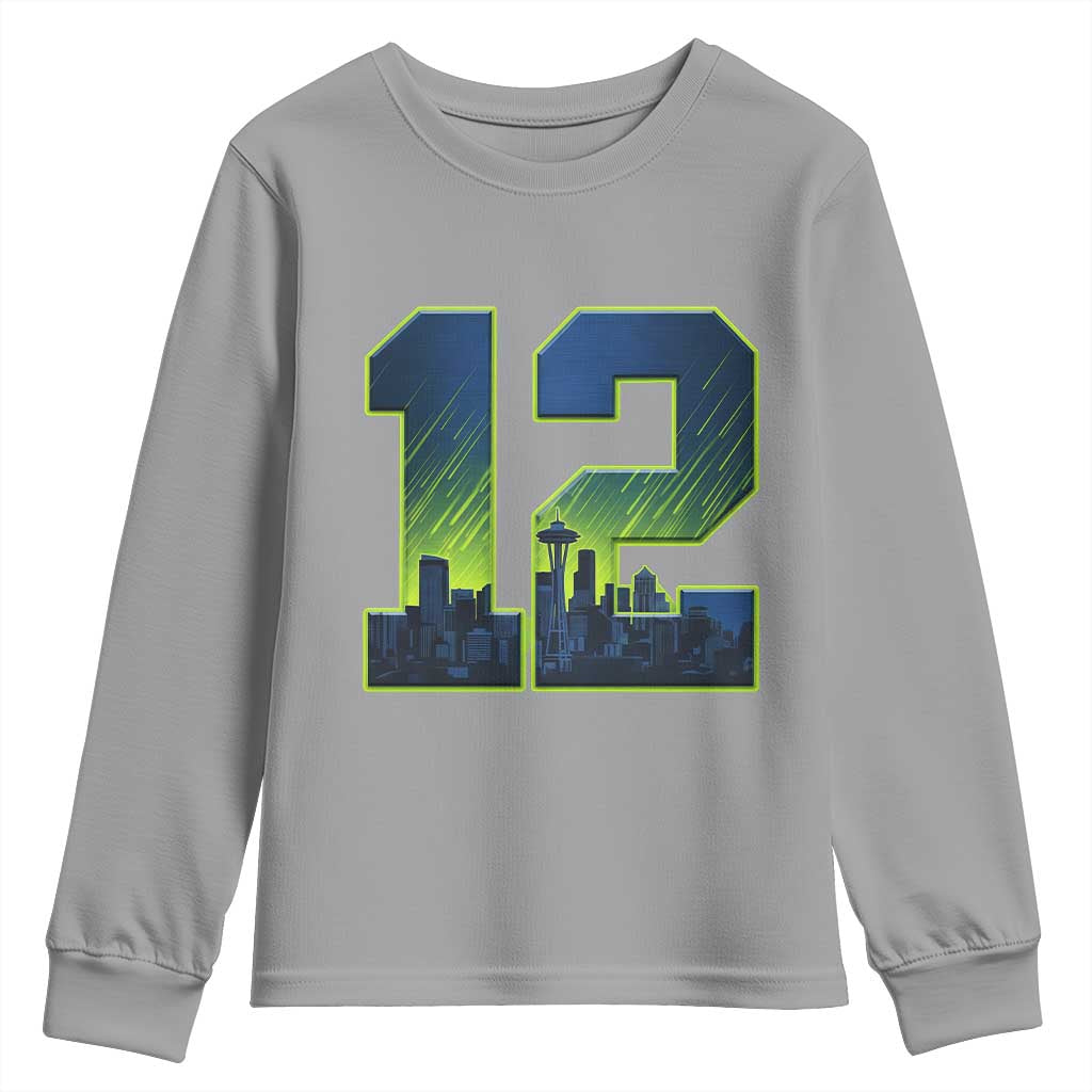 Seattle Skyline Number 12 Graphic Youth Sweatshirt Pacific Northwest Emerald City Sports Fan Pride