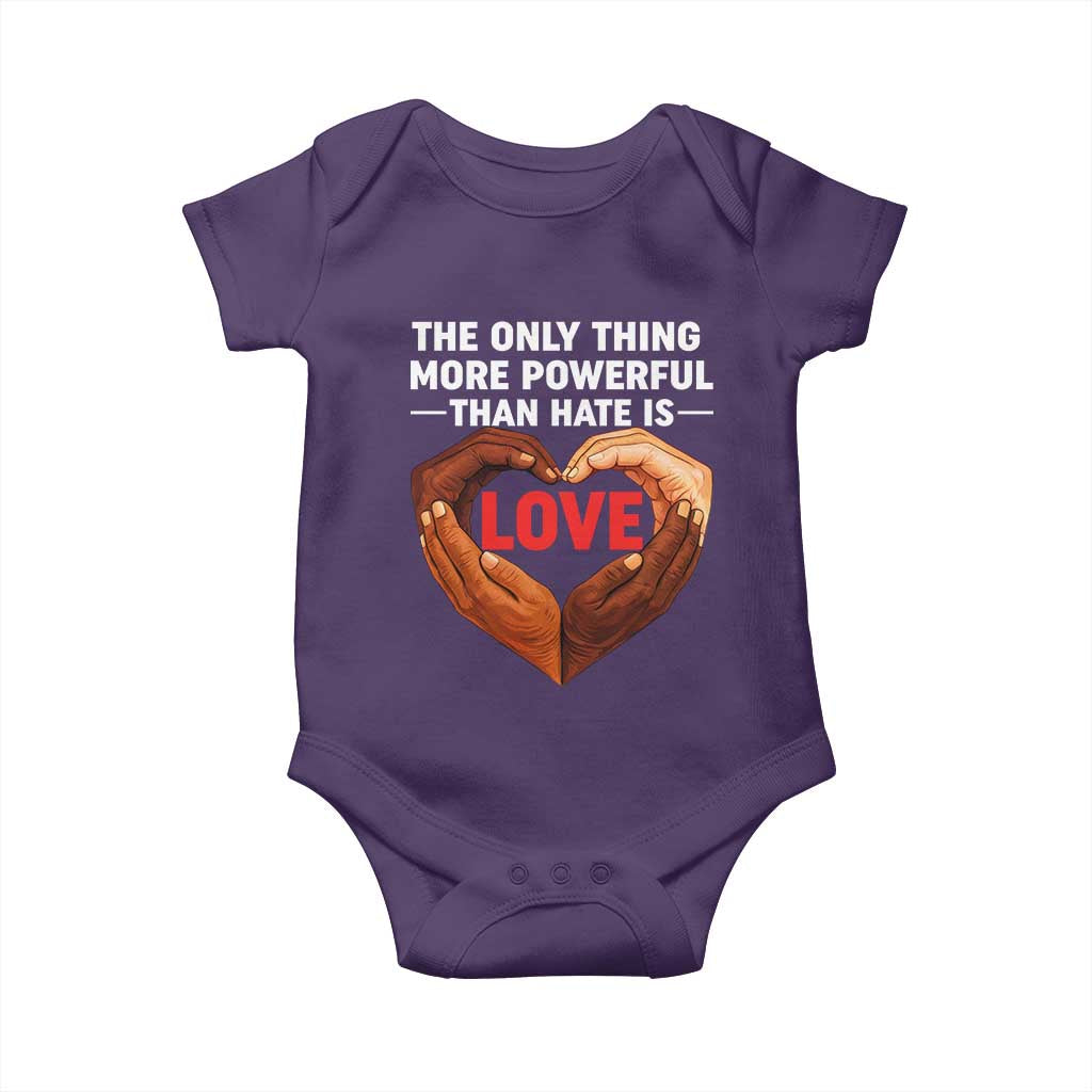 The Only Thing More Powerful Than Hate Is Love Baby Onesie Heart in Hands Unity Bunny Inspirational Quote TS02 Purple Print Your Wear