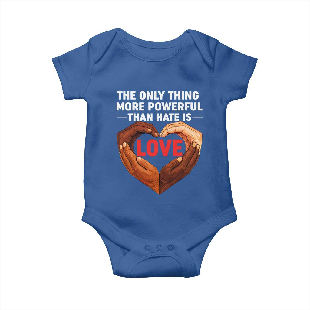 The Only Thing More Powerful Than Hate Is Love Baby Onesie Heart in Hands Unity Bunny Inspirational Quote TS02 Royal Blue Print Your Wear