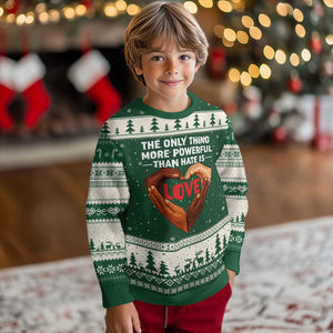 The Only Thing More Powerful Than Hate Is Love Ugly Christmas Sweater Heart in Hands Unity Bunny Inspirational Quote TS02 Forest Green Beige Print Your Wear