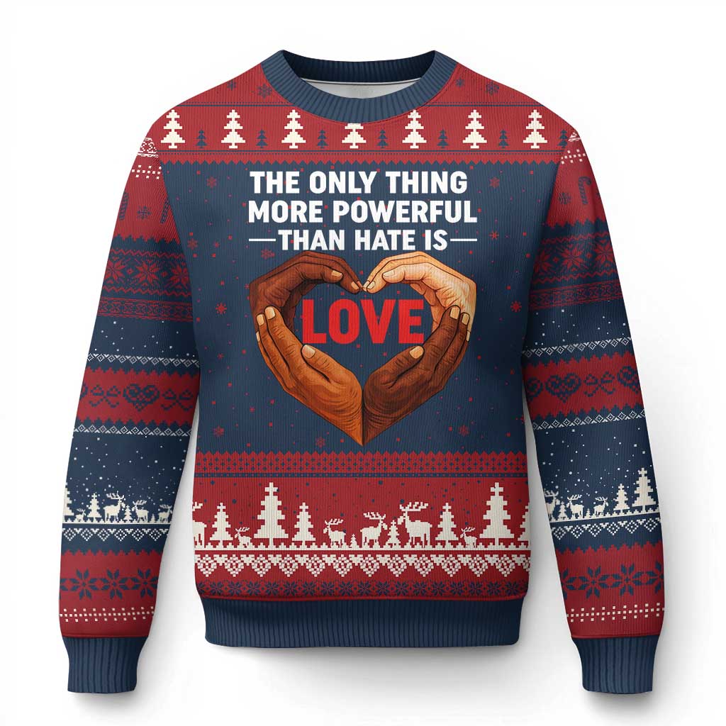 The Only Thing More Powerful Than Hate Is Love Ugly Christmas Sweater Heart in Hands Unity Bunny Inspirational Quote TS02 Navy Red Print Your Wear
