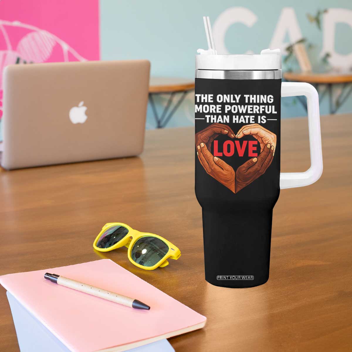 The Only Thing More Powerful Than Hate Is Love Tumbler With Handle Heart in Hands Unity Bunny Inspirational Quote TS02 Print Your Wear