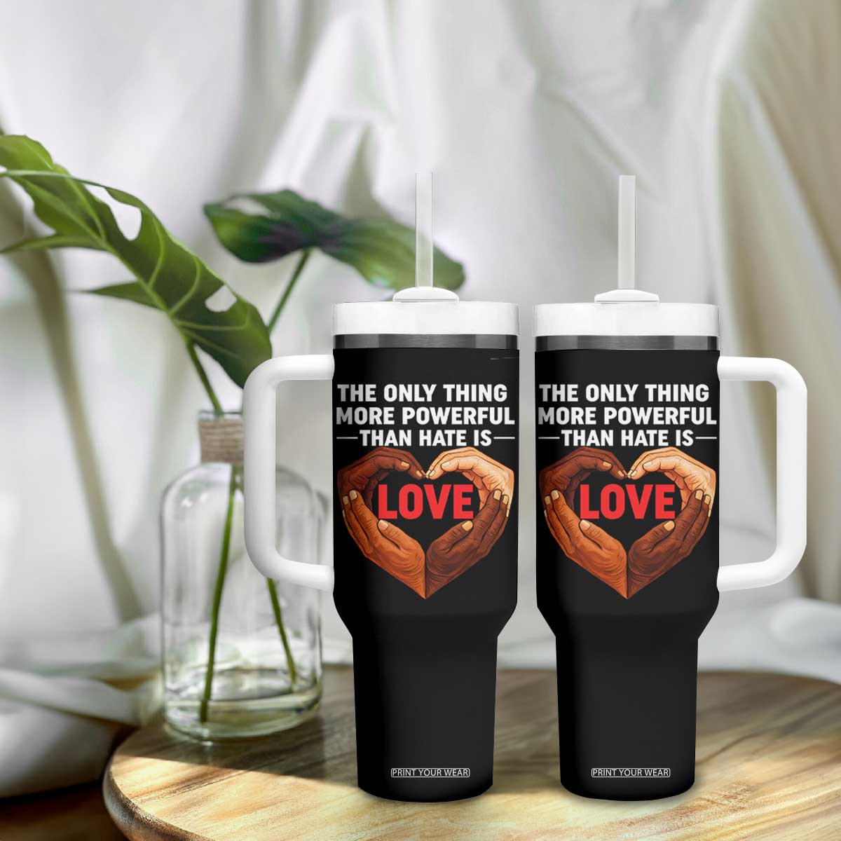 The Only Thing More Powerful Than Hate Is Love Tumbler With Handle Heart in Hands Unity Bunny Inspirational Quote TS02 Print Your Wear