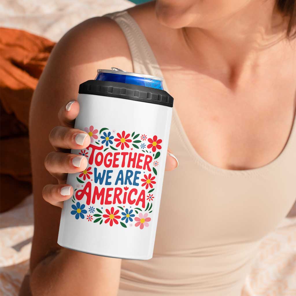 Together We Are America Floral Patriotic 4 in 1 Can Cooler Tumbler Retro Red White and Blue Bunny Inspirational Quote TS02 Print Your Wear