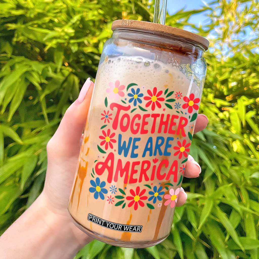Together We Are America Floral Patriotic Glass Can Retro Red White and Blue Bunny Inspirational Quote TS02 White Print Your Wear