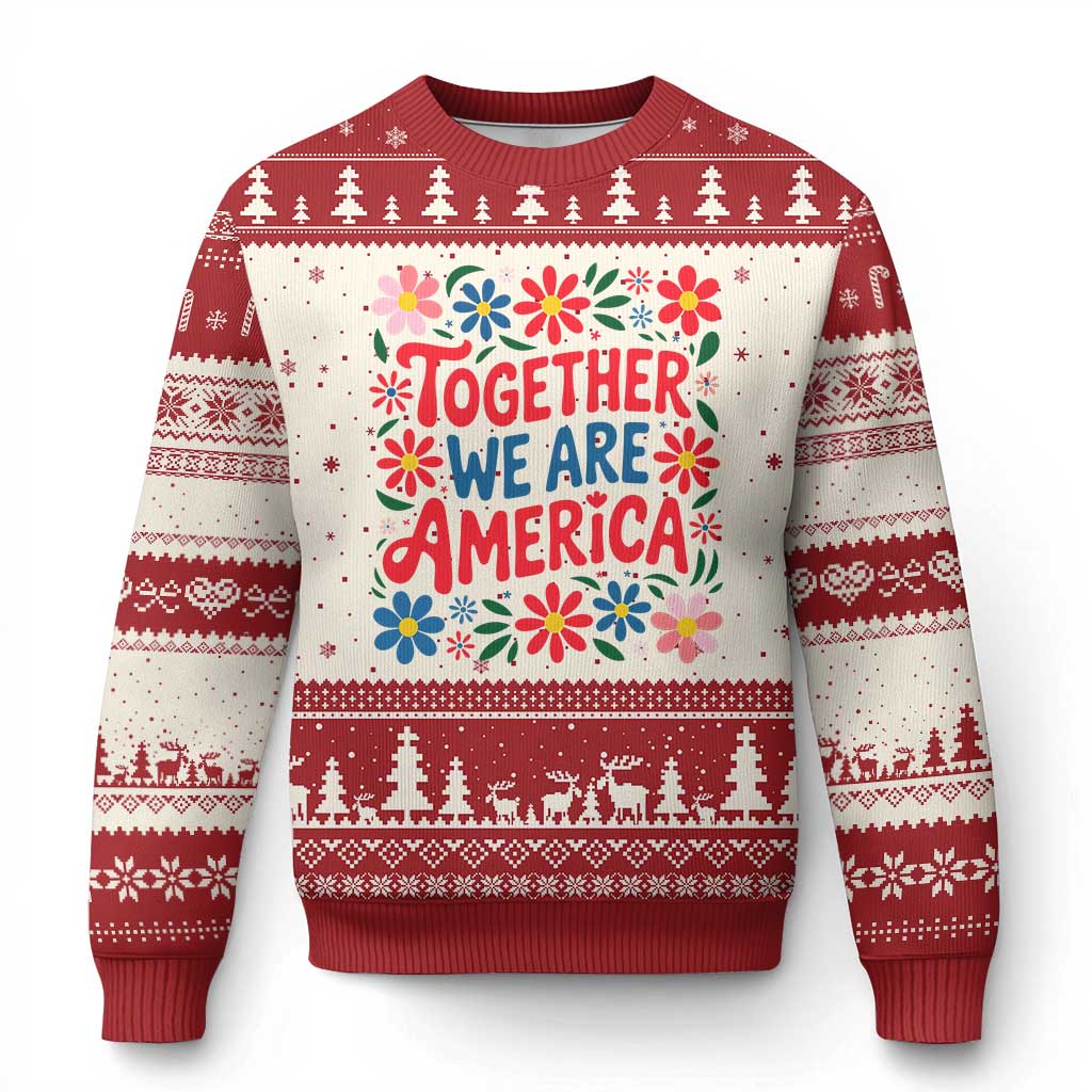 Together We Are America Floral Patriotic Ugly Christmas Sweater Retro Red White and Blue Bunny Inspirational Quote TS02 Beige Red Print Your Wear