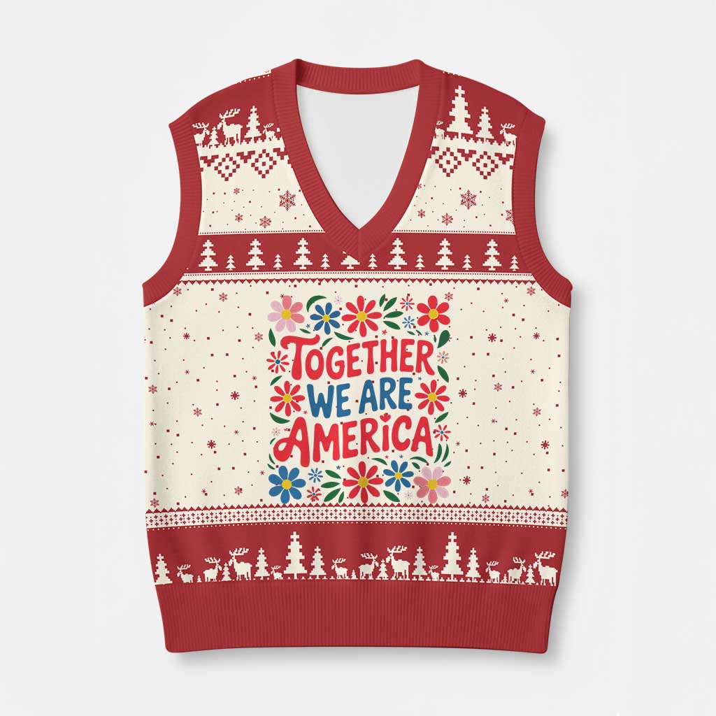 Together We Are America Floral Patriotic V-Neck Knit Sweater Vest Retro Red White and Blue Bunny Inspirational Quote TS02 Beige Red Print Your Wear