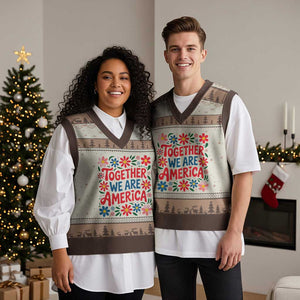 Together We Are America Floral Patriotic V-Neck Knit Sweater Vest Retro Red White and Blue Bunny Inspirational Quote TS02 Mocha Mousse Print Your Wear