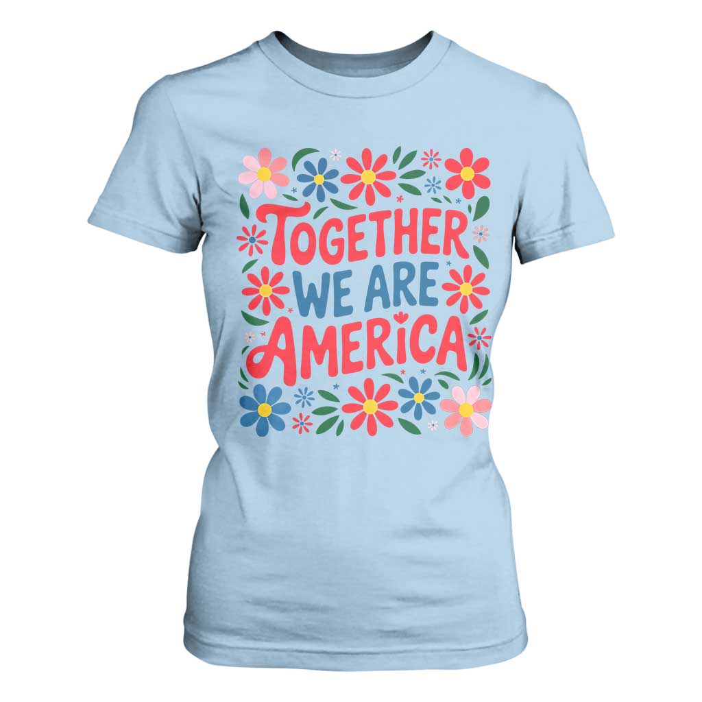 Together We Are America Floral Patriotic T Shirt For Women Retro Red White and Blue Bunny Inspirational Quote TS02 Light Blue Print Your Wear