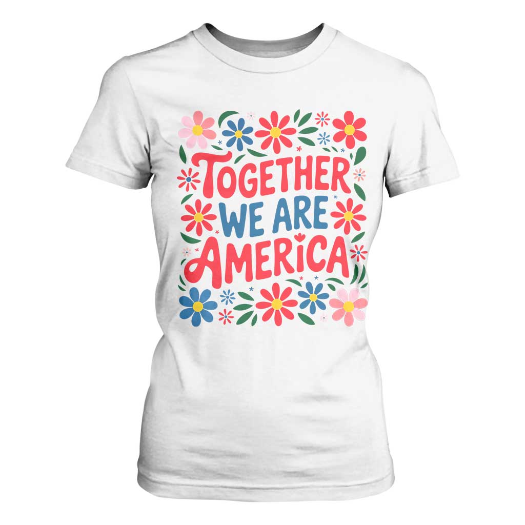 Together We Are America Floral Patriotic T Shirt For Women Retro Red White and Blue Bunny Inspirational Quote TS02 White Print Your Wear