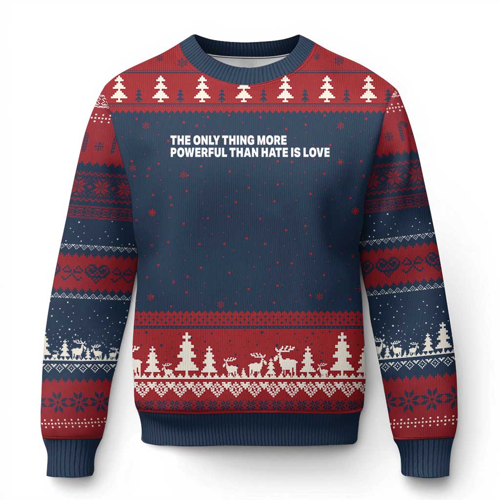 The Only Thing More Powerful Than Hate Is Love Cute Bunny Ugly Christmas Sweater Retro Rabbit Kindness Inspirational Quote TS02 Navy Red Print Your Wear