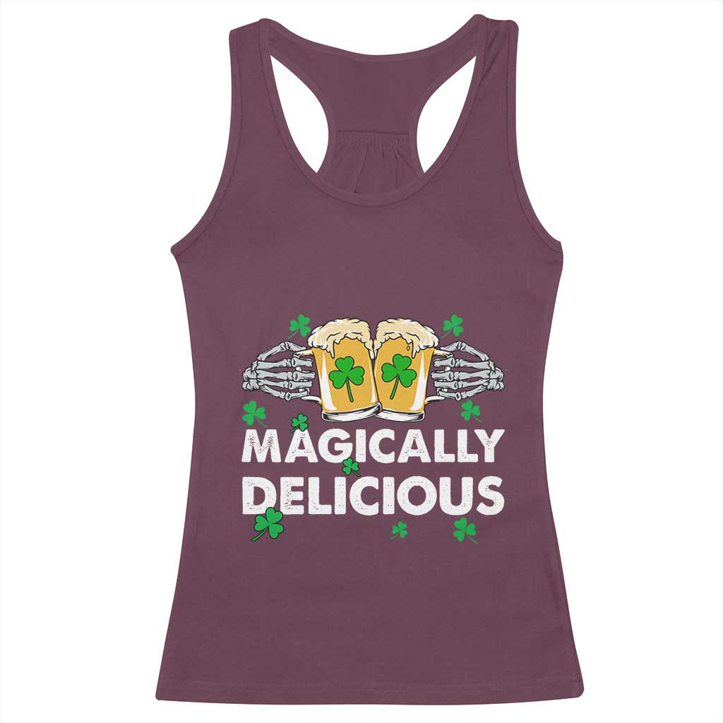 Funny St Patricks Day Drinking Racerback Tank Top Magically Delicious Beers Cheer Skeleton Hands TS02 Maroon Print Your Wear