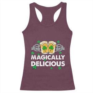 Funny St Patricks Day Drinking Racerback Tank Top Magically Delicious Beers Cheer Skeleton Hands TS02 Maroon Print Your Wear