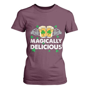 Funny St Patricks Day Drinking T Shirt For Women Magically Delicious Beers Cheer Skeleton Hands TS02 Maroon Print Your Wear