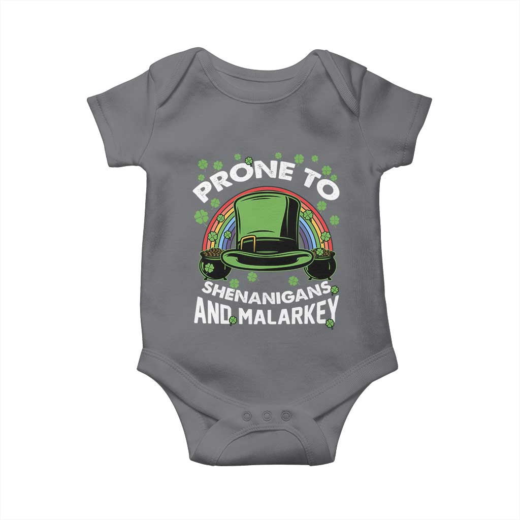 Funny St Patricks Day Baby Onesie Prone To Shenanigans And Malarkey Leprechaun Hat Rainbow TS02 Charcoal Print Your Wear