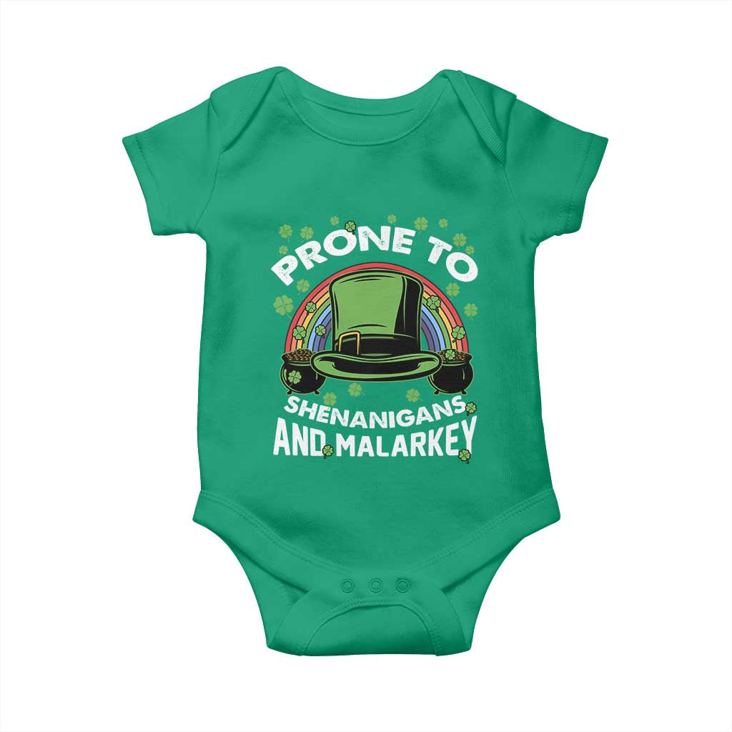 Funny St Patricks Day Baby Onesie Prone To Shenanigans And Malarkey Leprechaun Hat Rainbow TS02 Irish Green Print Your Wear