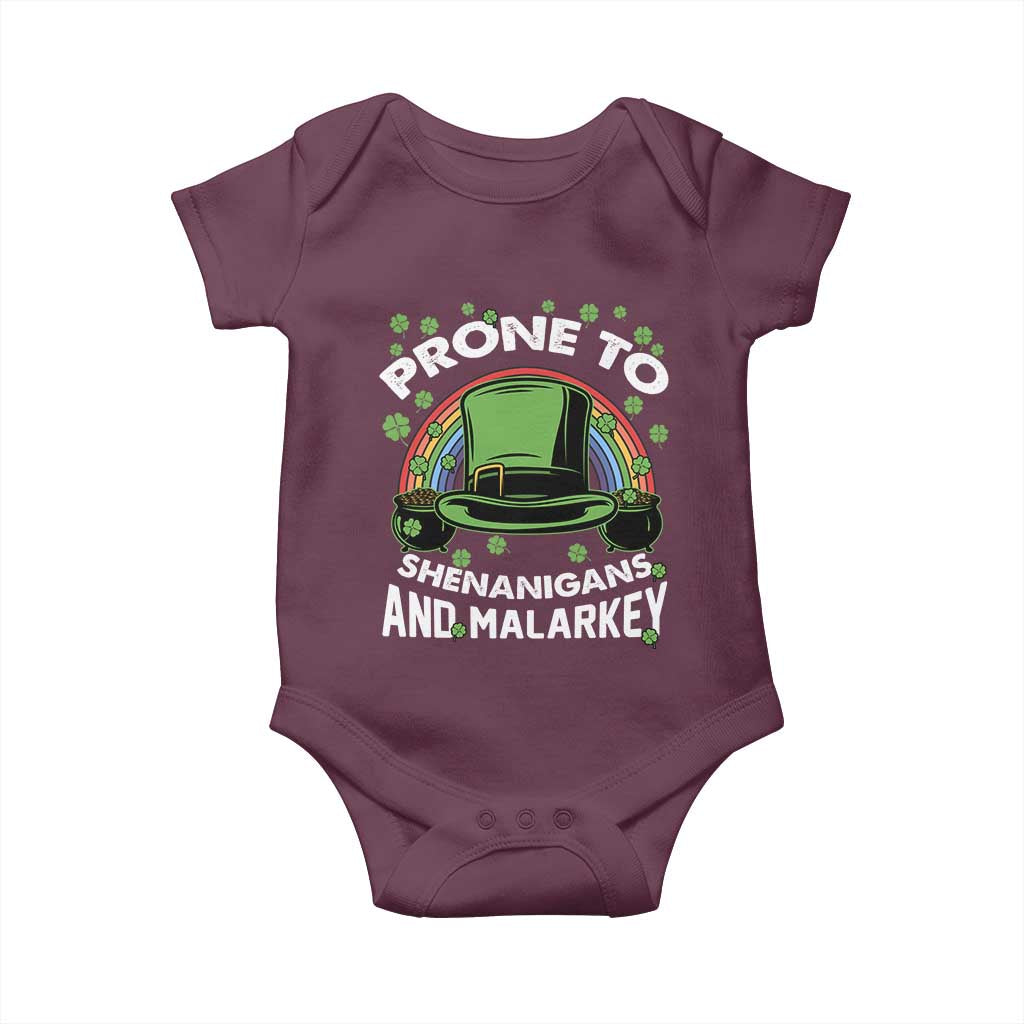Funny St Patricks Day Baby Onesie Prone To Shenanigans And Malarkey Leprechaun Hat Rainbow TS02 Maroon Print Your Wear