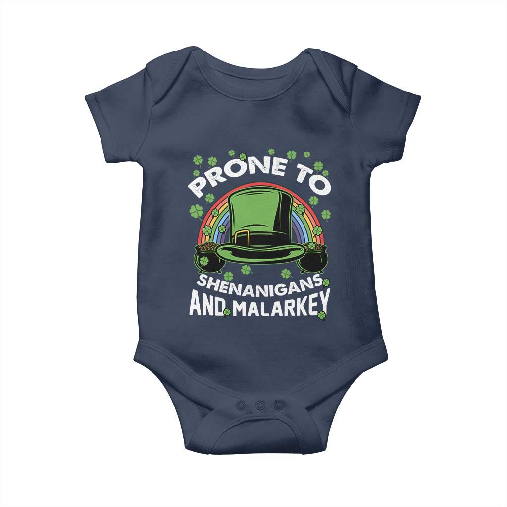 Funny St Patricks Day Baby Onesie Prone To Shenanigans And Malarkey Leprechaun Hat Rainbow TS02 Navy Print Your Wear