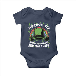 Funny St Patricks Day Baby Onesie Prone To Shenanigans And Malarkey Leprechaun Hat Rainbow TS02 Navy Print Your Wear