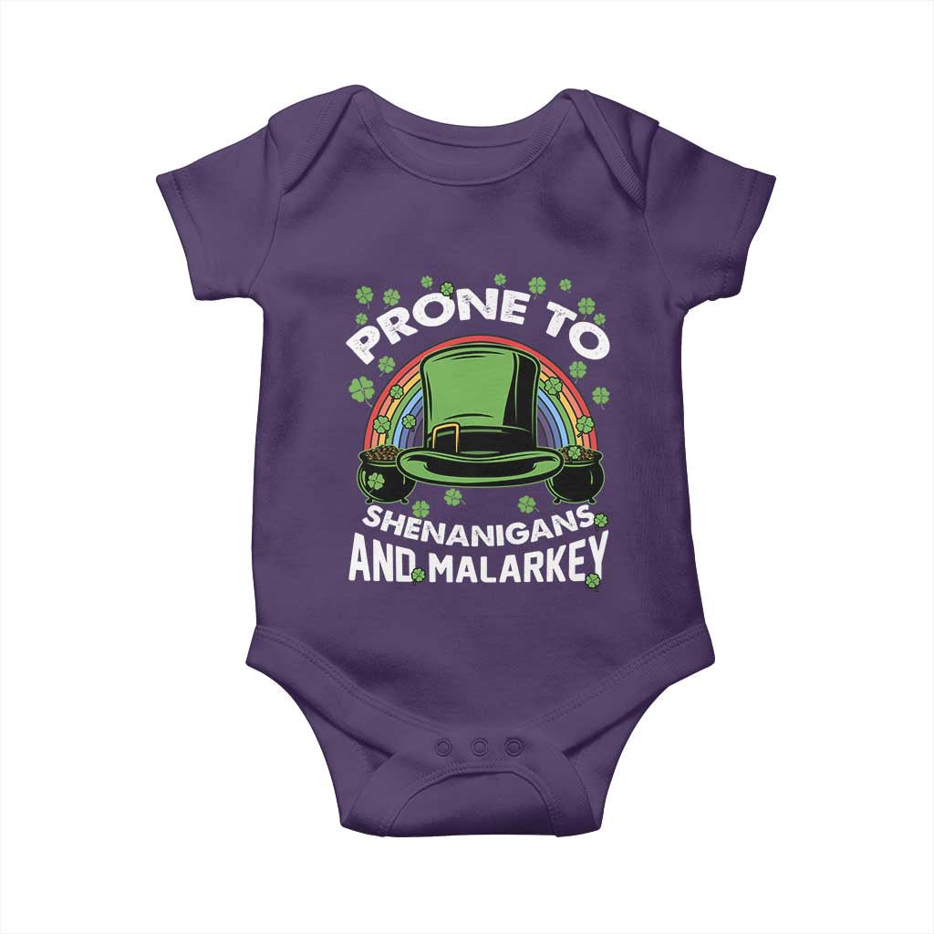 Funny St Patricks Day Baby Onesie Prone To Shenanigans And Malarkey Leprechaun Hat Rainbow TS02 Purple Print Your Wear