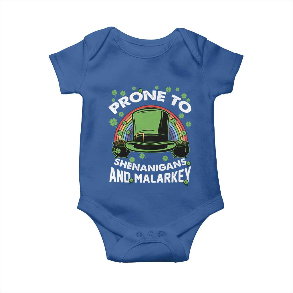 Funny St Patricks Day Baby Onesie Prone To Shenanigans And Malarkey Leprechaun Hat Rainbow TS02 Royal Blue Print Your Wear