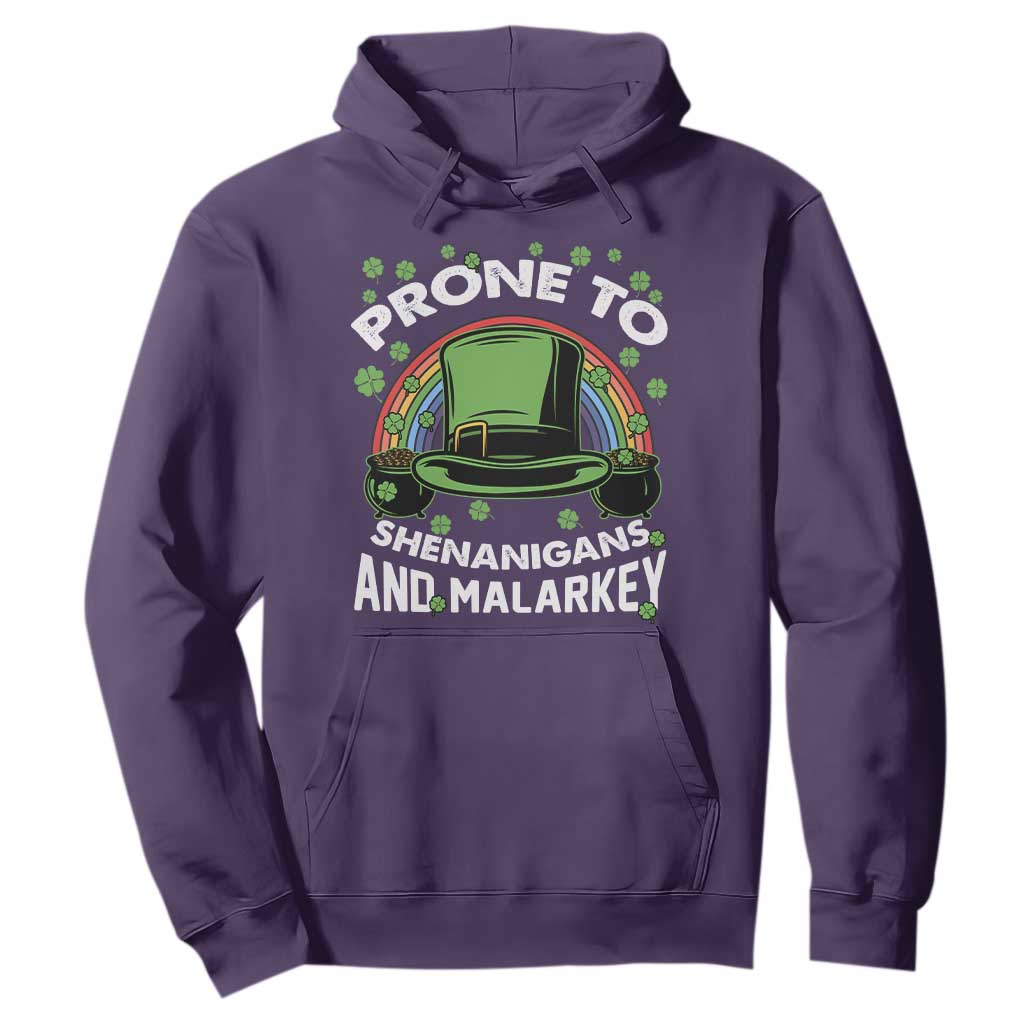 Funny St. Patricks Day Hoodie Prone To Shenanigans And Malarkey Leprechaun Hat Rainbow TS02 Purple Printyourwear