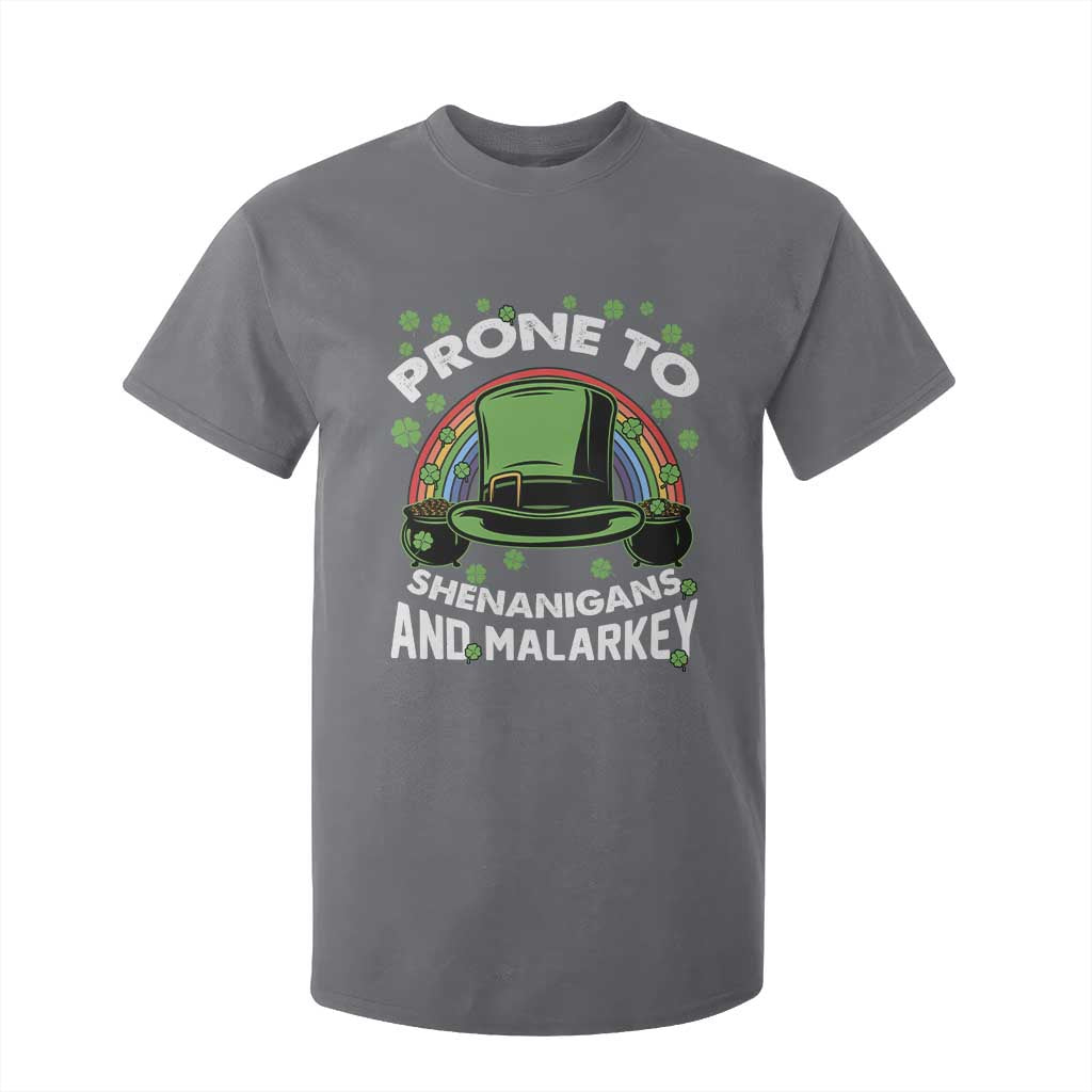 Funny St Patricks Day T Shirt For Kid Prone To Shenanigans And Malarkey Leprechaun Hat Rainbow TS02 Charcoal Print Your Wear
