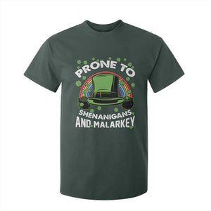 Funny St Patricks Day T Shirt For Kid Prone To Shenanigans And Malarkey Leprechaun Hat Rainbow TS02 Dark Forest Green Print Your Wear