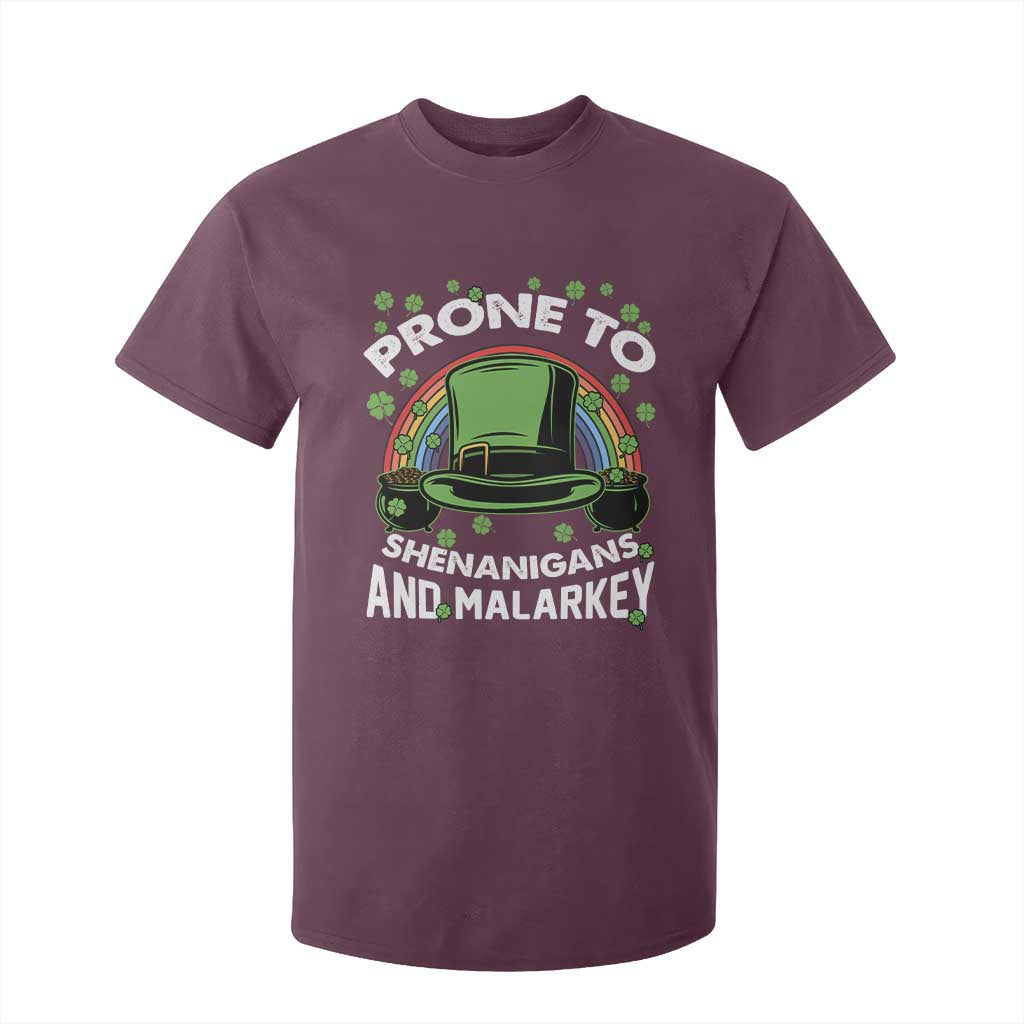 Funny St Patricks Day T Shirt For Kid Prone To Shenanigans And Malarkey Leprechaun Hat Rainbow TS02 Maroon Print Your Wear
