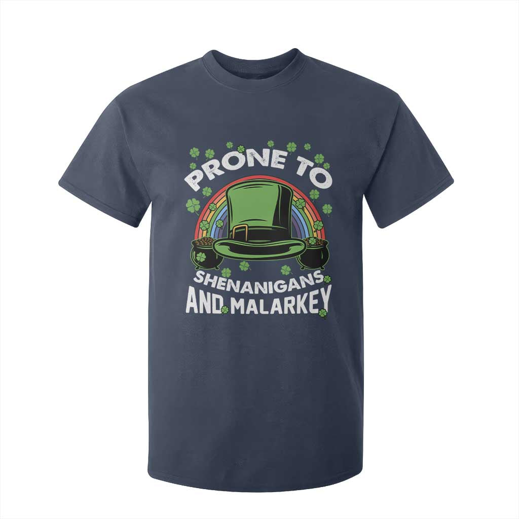 Funny St Patricks Day T Shirt For Kid Prone To Shenanigans And Malarkey Leprechaun Hat Rainbow TS02 Navy Print Your Wear