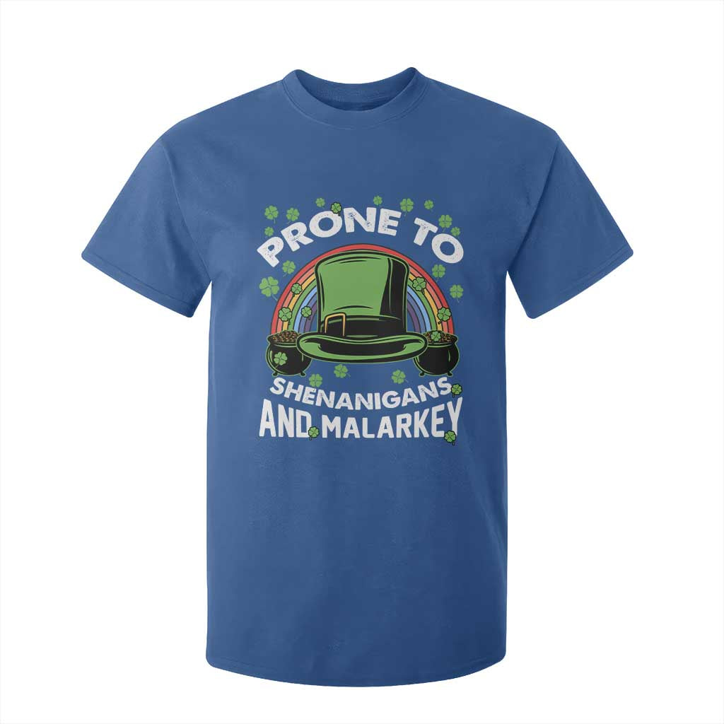Funny St Patricks Day T Shirt For Kid Prone To Shenanigans And Malarkey Leprechaun Hat Rainbow TS02 Royal Blue Print Your Wear