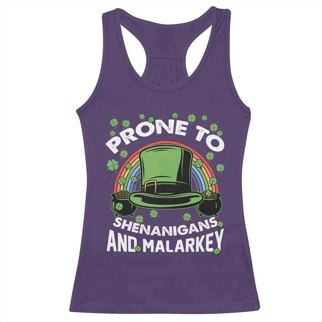 Funny St Patricks Day Racerback Tank Top Prone To Shenanigans And Malarkey Leprechaun Hat Rainbow TS02 Purple Print Your Wear