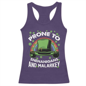 Funny St Patricks Day Racerback Tank Top Prone To Shenanigans And Malarkey Leprechaun Hat Rainbow TS02 Purple Print Your Wear