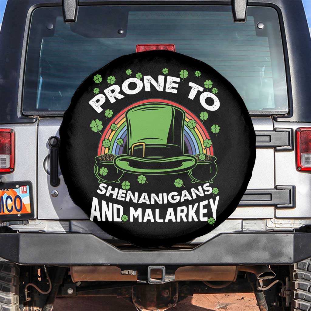 Funny St Patricks Day Spare Tire Cover Prone To Shenanigans And Malarkey Leprechaun Hat Rainbow TS02 No hole Black Print Your Wear