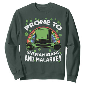 Funny St. Patricks Day Sweatshirt Prone To Shenanigans And Malarkey Leprechaun Hat Rainbow TS02 Dark Forest Green Printyourwear