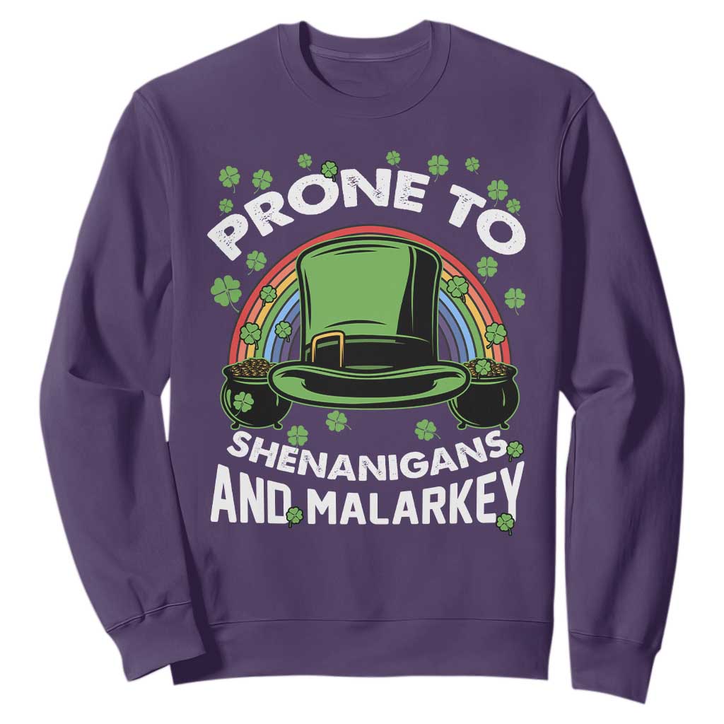 Funny St. Patricks Day Sweatshirt Prone To Shenanigans And Malarkey Leprechaun Hat Rainbow TS02 Purple Printyourwear