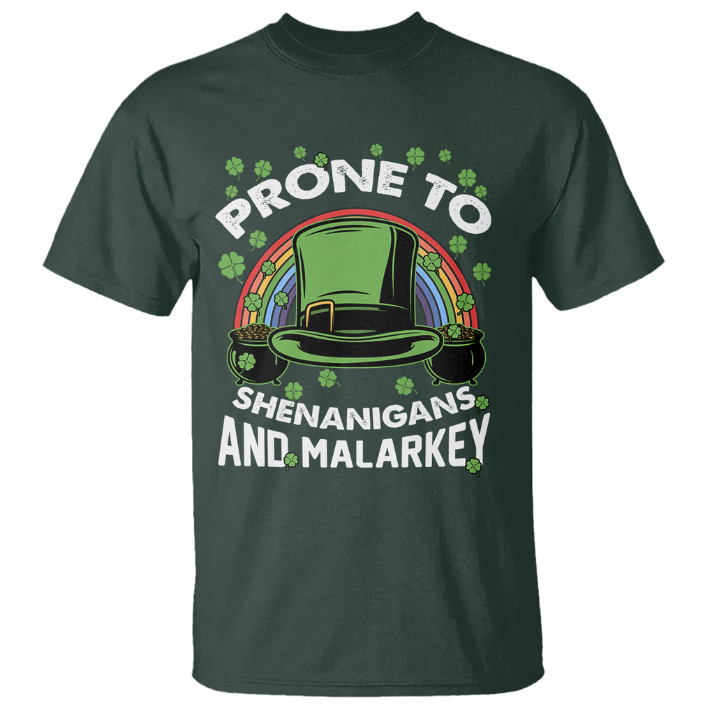Funny St. Patricks Day T Shirt Prone To Shenanigans And Malarkey Leprechaun Hat Rainbow TS02 Dark Forest Green Printyourwear