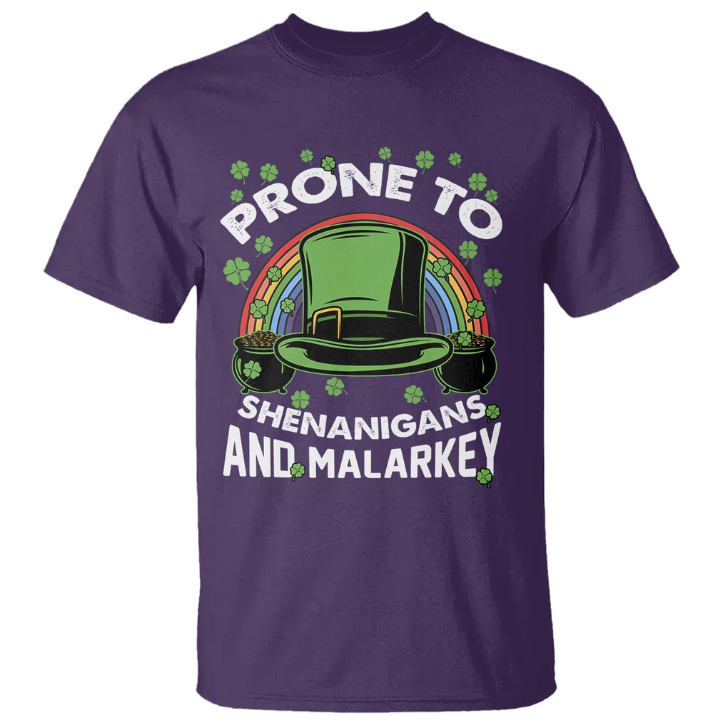 Funny St. Patricks Day T Shirt Prone To Shenanigans And Malarkey Leprechaun Hat Rainbow TS02 Purple Printyourwear