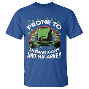 Funny St. Patricks Day T Shirt Prone To Shenanigans And Malarkey Leprechaun Hat Rainbow TS02 Royal Blue Printyourwear