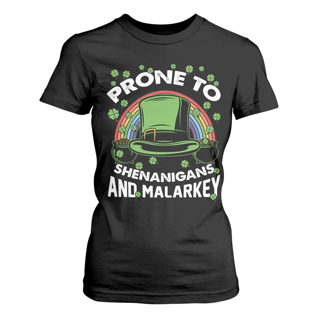 Funny St Patricks Day T Shirt For Women Prone To Shenanigans And Malarkey Leprechaun Hat Rainbow TS02 Black Print Your Wear