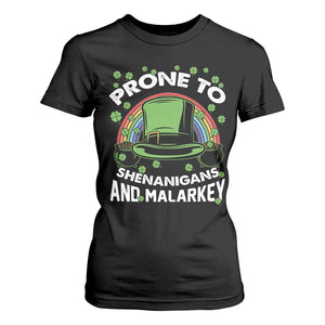 Funny St Patricks Day T Shirt For Women Prone To Shenanigans And Malarkey Leprechaun Hat Rainbow TS02 Black Print Your Wear