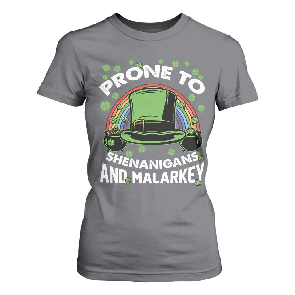 Funny St Patricks Day T Shirt For Women Prone To Shenanigans And Malarkey Leprechaun Hat Rainbow TS02 Charcoal Print Your Wear